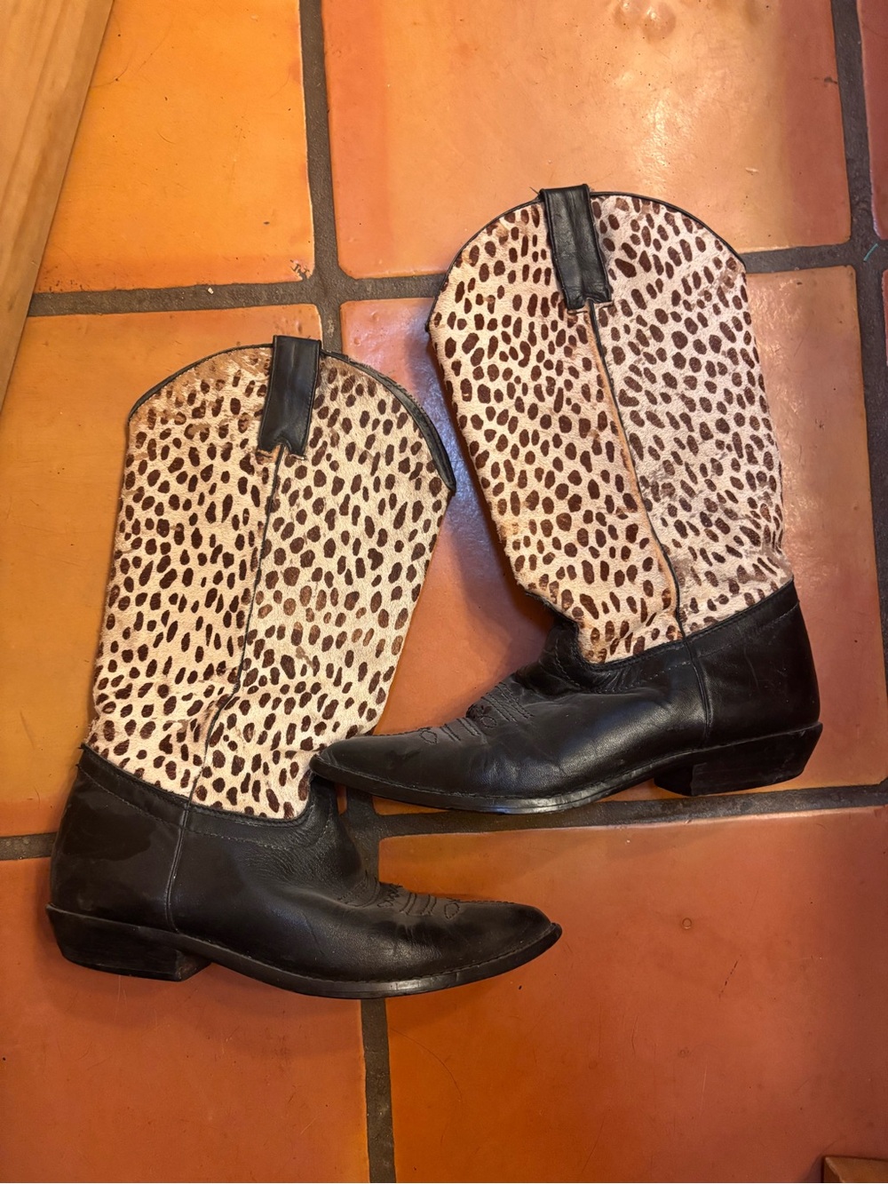 Cowhide Leopard Print Mid-Calf Western Boots - Black & Cream